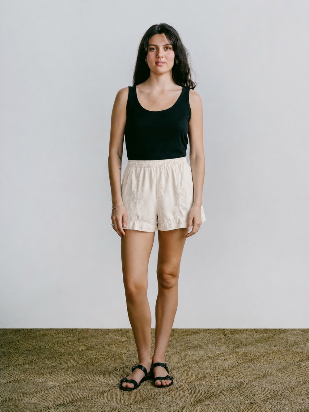 Ozma of California Elastic-Waist Cotton Poplin Cream Shorts size M